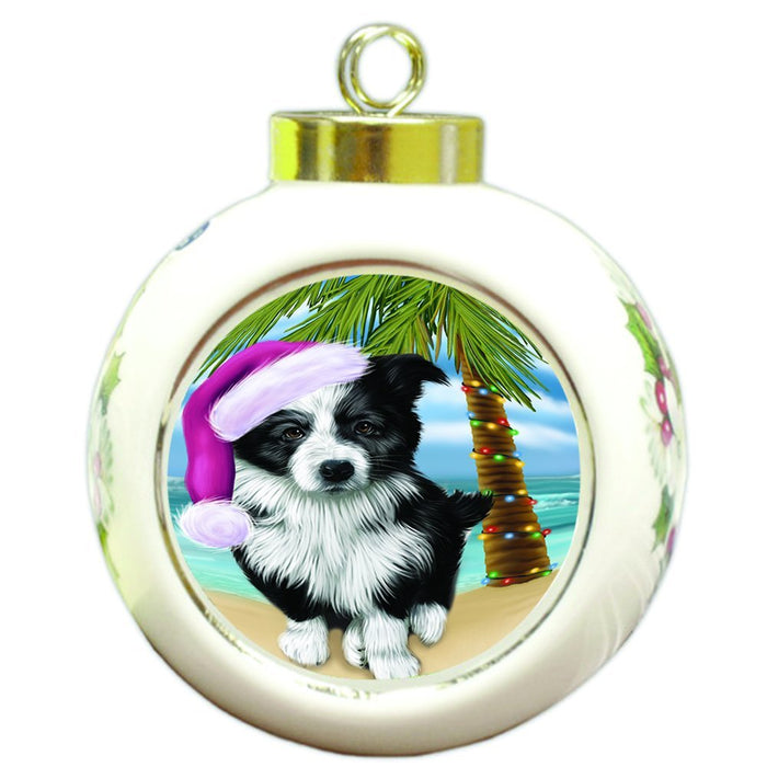 Summertime Happy Holidays Christmas Border Collie Dog on Tropical Island Beach Round Ball Ornament D506