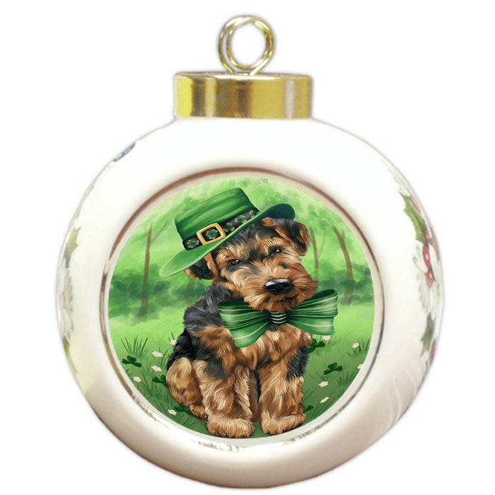 St. Patricks Day Irish Portrait Airedale Terrier Dog Round Ball Christmas Ornament RBPOR48447