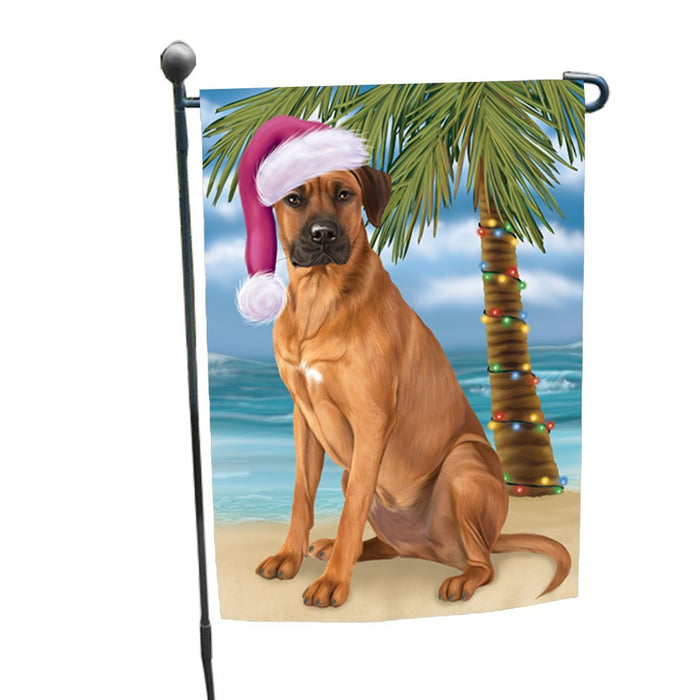 Summertime Happy Holidays Christmas Rhodesian Ridgeback Dog on Tropical Island Beach Garden Flag