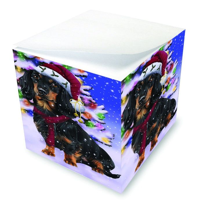 Winterland Wonderland Dachshunds Dog In Christmas Holiday Scenic Background Note Cube D653
