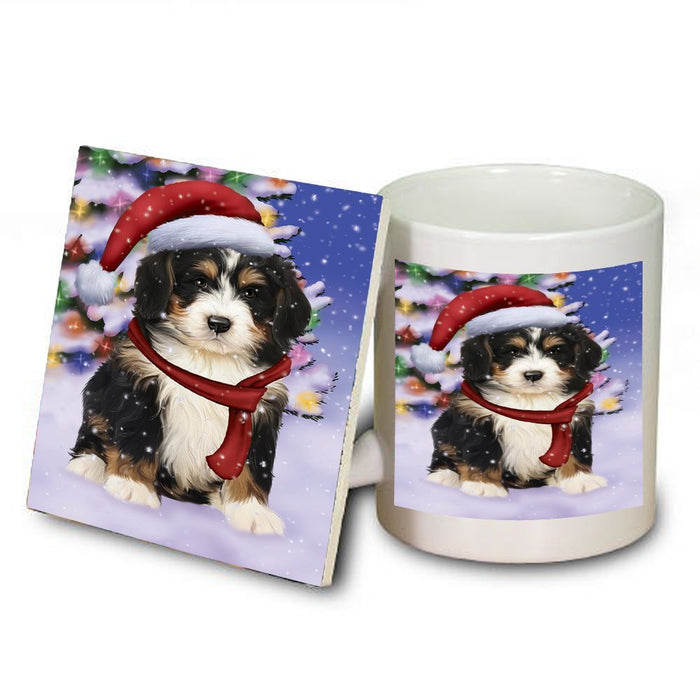 Winterland Wonderland Bernedoodle Puppy Dog In Christmas Holiday Scenic Background Mug and Coaster Set