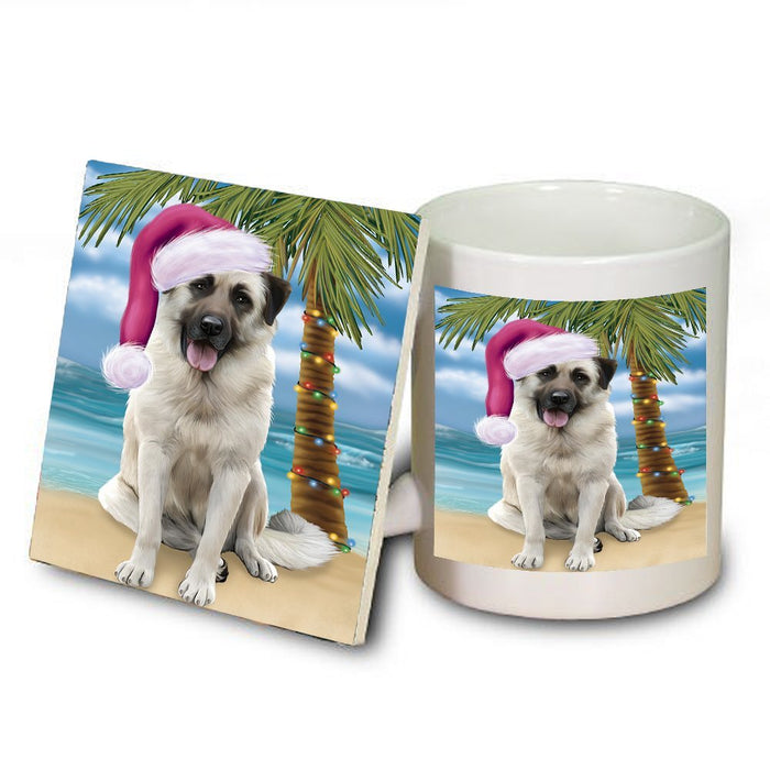 Summertime Happy Holidays Christmas Anatolian Shepherds Dog on Tropical Island Beach Mug and Coaster Set