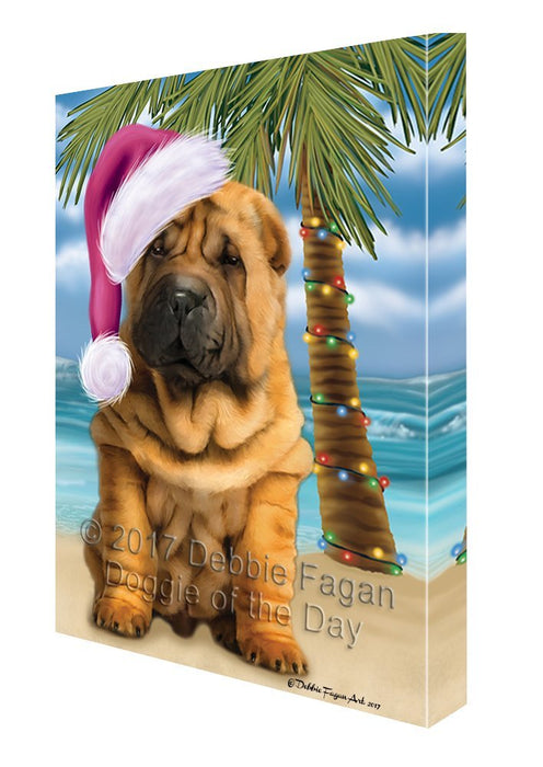 Summertime Happy Holidays Christmas Shar Pei Puppy Dog on Tropical Island Beach Canvas Wall Art D120