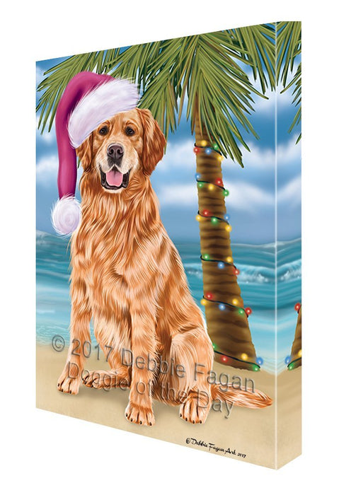 Summertime Happy Holidays Christmas Golden Retrievers Dog on Tropical Island Beach Canvas Wall Art