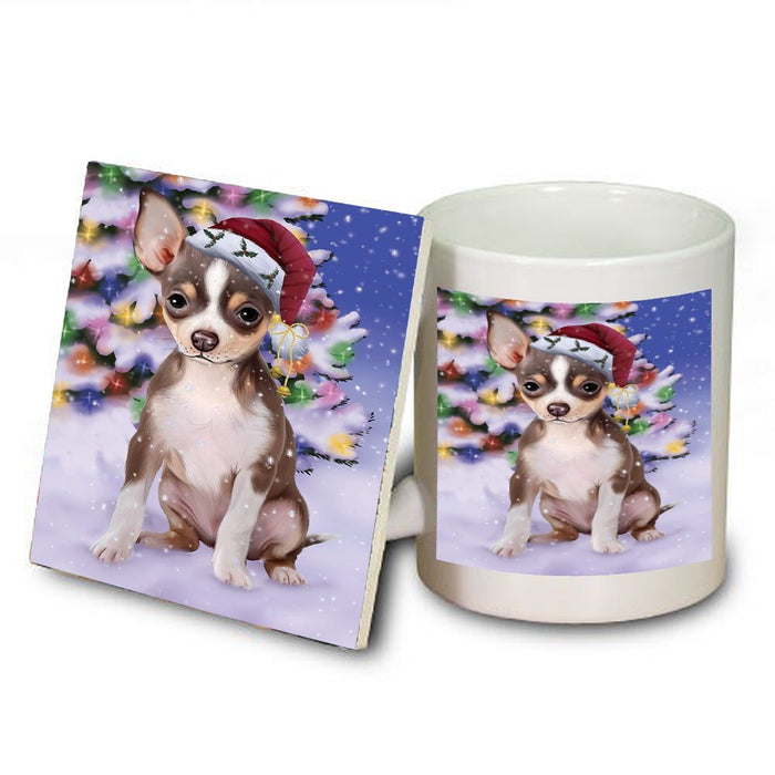 Winterland Wonderland Chihuahua Dog In Christmas Holiday Scenic Background Mug and Coaster Set