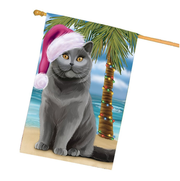 Summertime Christmas Happy Holidays British Shorthair Cat on Beach House Flag HFLG322