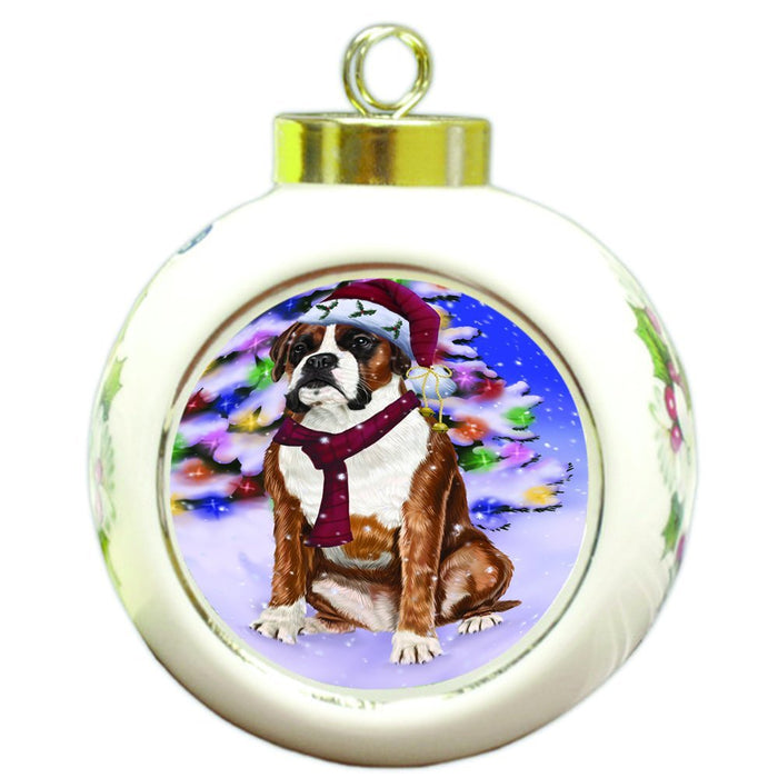 Winterland Wonderland Boxers Dog In Christmas Holiday Scenic Background Round Ball Ornament D557