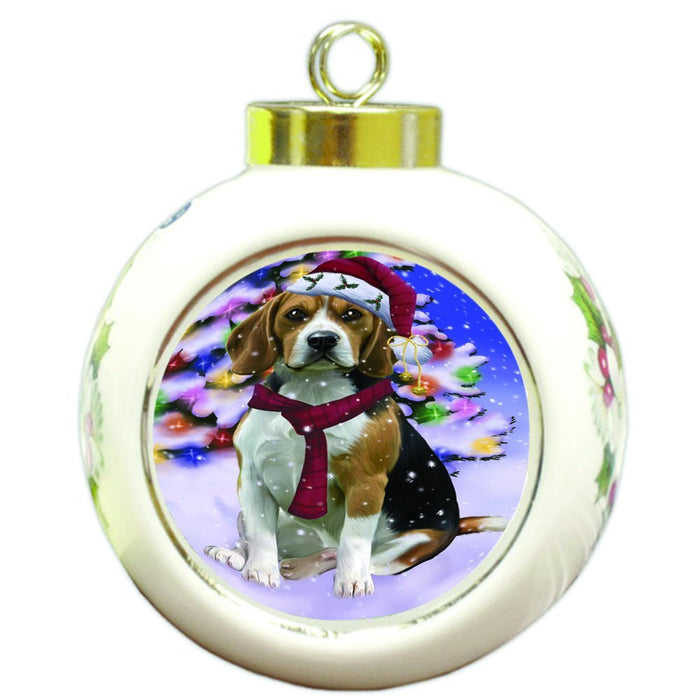 Winterland Wonderland Beagles Dog In Christmas Holiday Scenic Background Round Ball Ornament D545