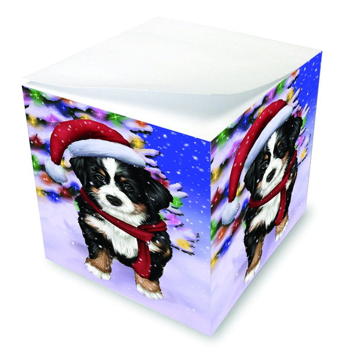 Winterland Wonderland Bernese Mountain Dog In Christmas Holiday Scenic Background Note Cube D641