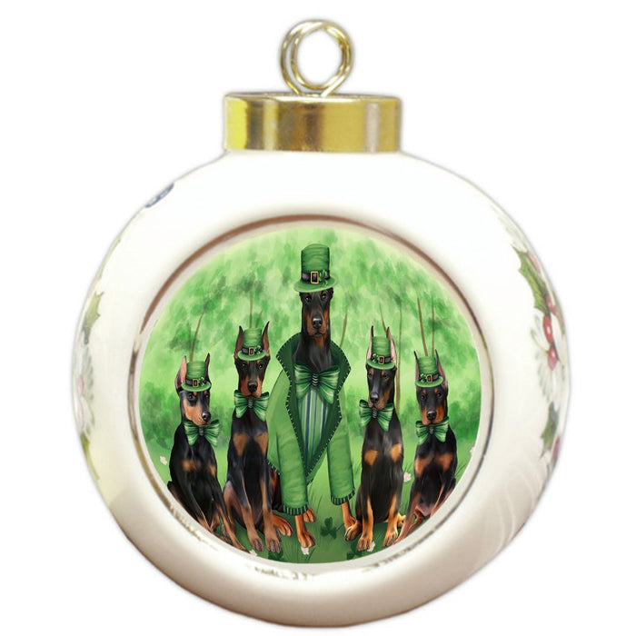 St. Patricks Day Irish Family Portrait Doberman Pinschers Dog Round Ball Christmas Ornament RBPOR48796