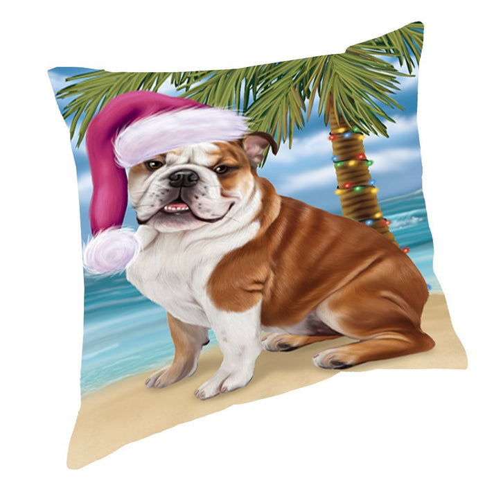 Summertime Happy Holidays Christmas Bulldog Dog on Tropical Island Beach Throw Pillow