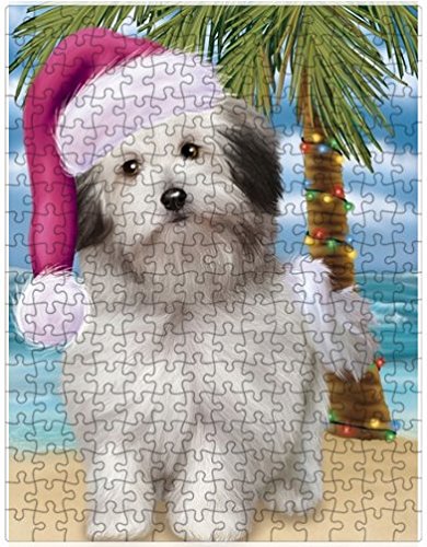 Summertime Happy Holidays Christmas Bolognese Dogs on Tropical Island Beach Puzzle with Photo Tin