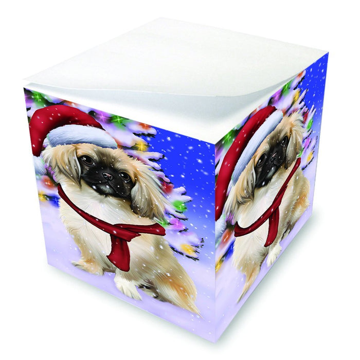 Winterland Wonderland Pekingese Dog In Christmas Holiday Scenic Background Note Cube D624