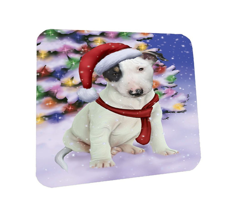 Winterland Wonderland Bull Terrier Puppy Dog In Christmas Holiday Scenic Background Coasters Set of 4