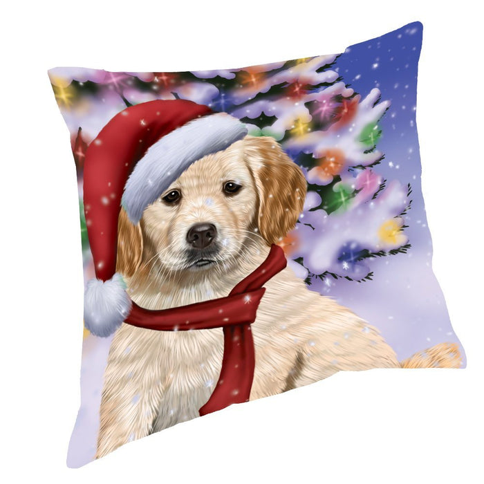 Winterland Wonderland Golden Retrievers Dog In Christmas Holiday Scenic Background Throw Pillow