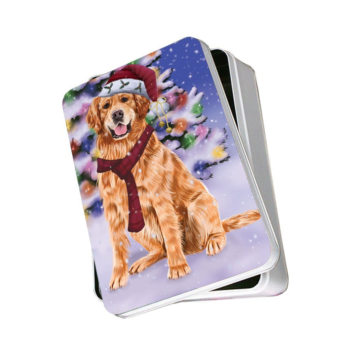 Winterland Wonderland Golden Retrievers Dog In Christmas Holiday Scenic Background Photo Storage Tin