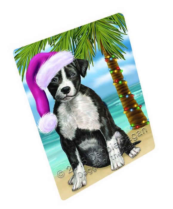 Summertime Happy Holidays Christmas American Staffordshire Terrier Dog on Tropical Island Beach Tempered Cutting Board (Small)