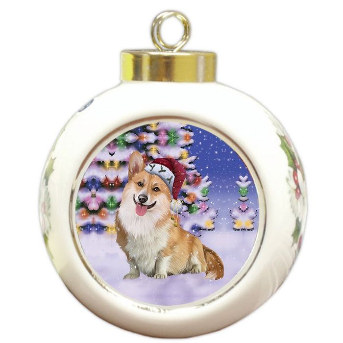 Winterland Wonderland Corgis Dog In Christmas Holiday Scenic Background Round Ball Ornament