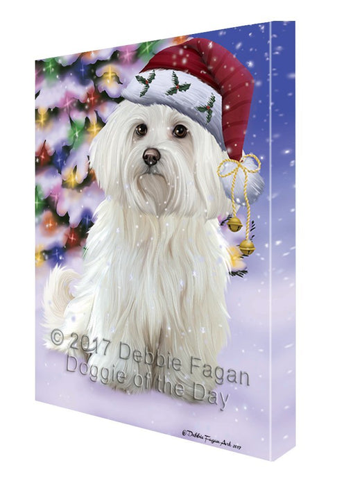 Winterland Wonderland Maltese Dog In Christmas Holiday Scenic Background Canvas Wall Art