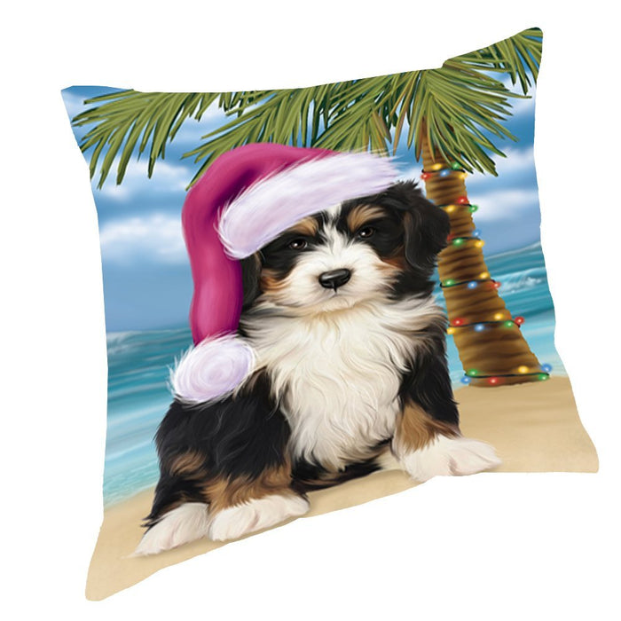 Summertime Happy Holidays Christmas Bernedoodle Dog on Tropical Island Beach Throw Pillow