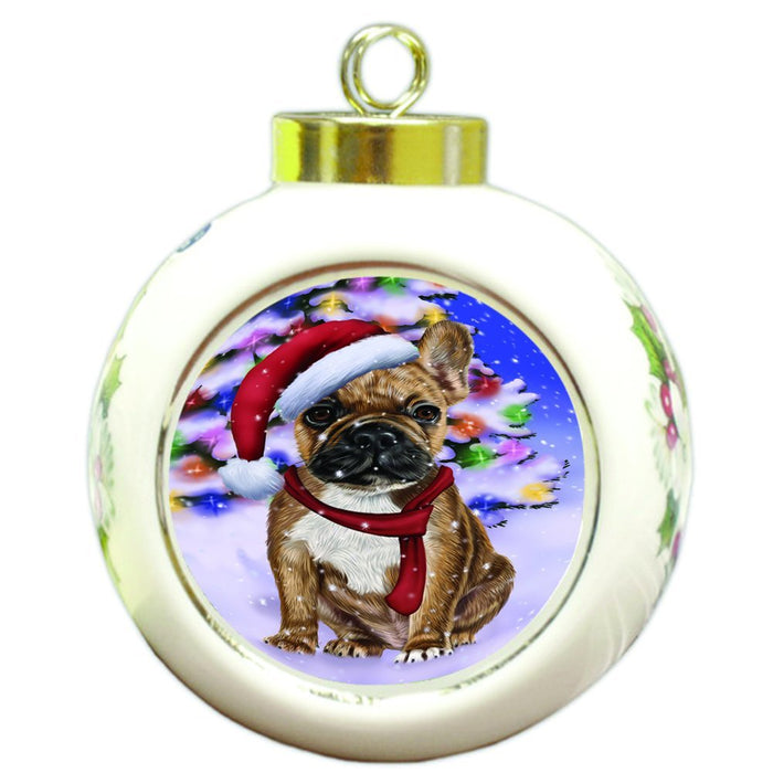 Winterland Wonderland French Bulldogs Dog In Christmas Holiday Scenic Background Round Ball Ornament D566