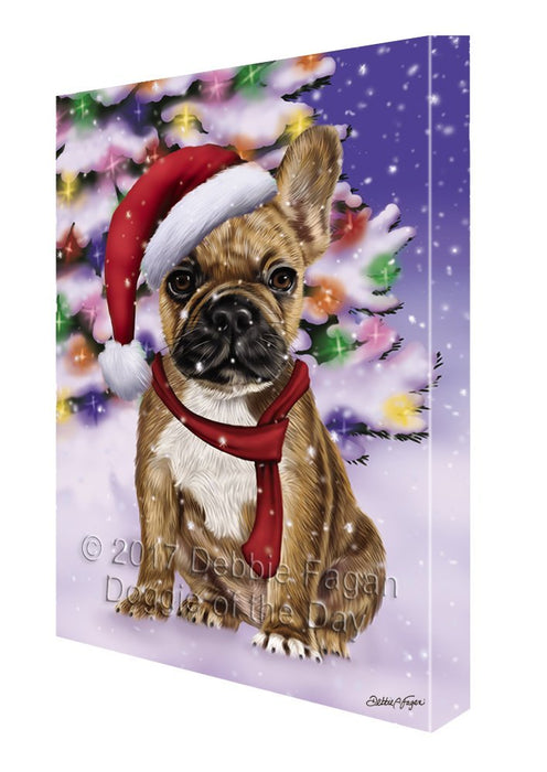 Winterland Wonderland French Bulls Puppy Dog In Christmas Holiday Scenic Background Painting Printed on Canvas Wall Art