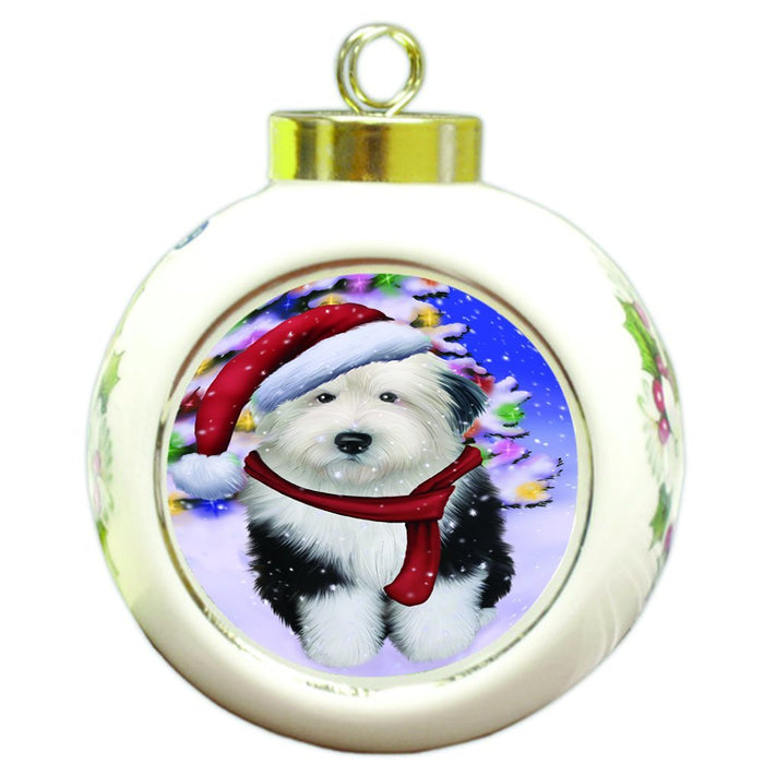 Winterland Wonderland Old English Sheepdog Dog In Christmas Holiday Scenic Background Round Ball Ornament D592
