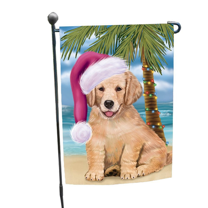 Summertime Happy Holidays Christmas Golden Retrievers Dog on Tropical Island Beach Garden Flag