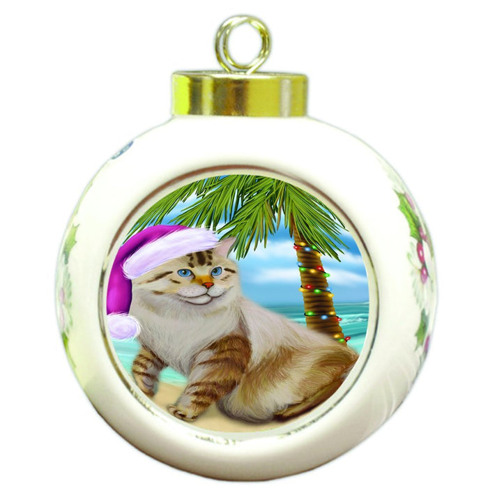 Summertime Happy Holidays Christmas American Bobtail Dog on Tropical Island Beach Round Ball Ornament D482