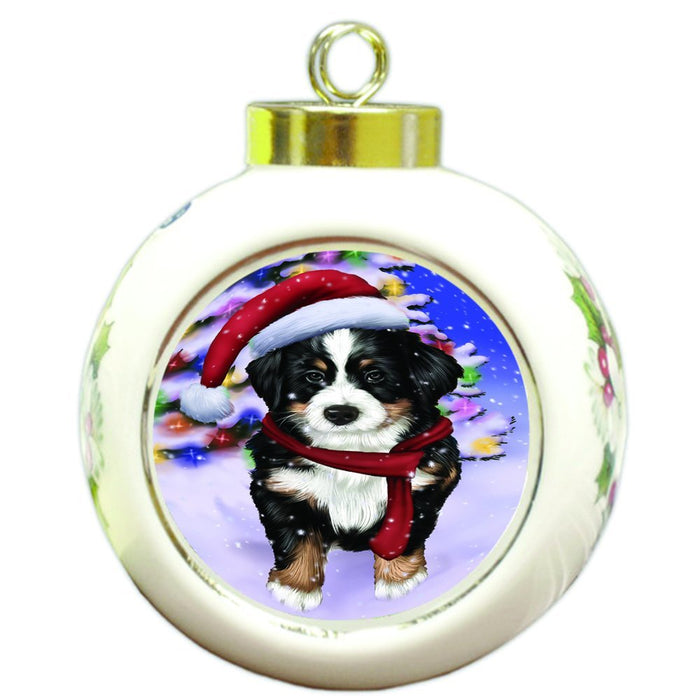 Winterland Wonderland Bernese Mountain Dog In Christmas Holiday Scenic Background Round Ball Ornament D549