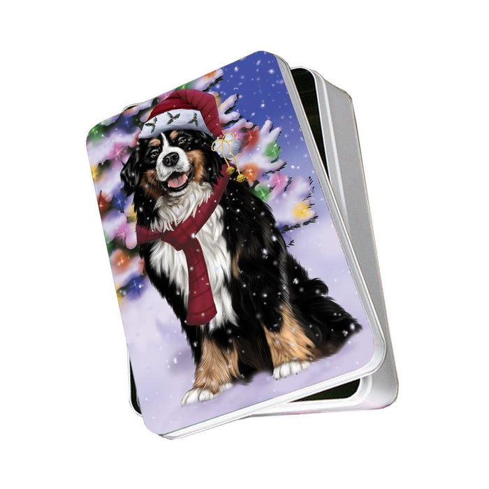 Winterland Wonderland Bernese Mountain Dog In Christmas Holiday Scenic Background Photo Storage Tin