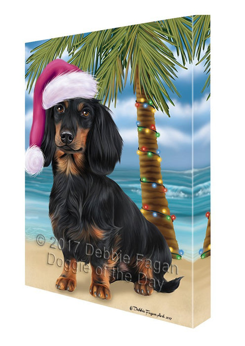 Summertime Happy Holidays Christmas Dachshunds Dog on Tropical Island Beach Canvas Wall Art