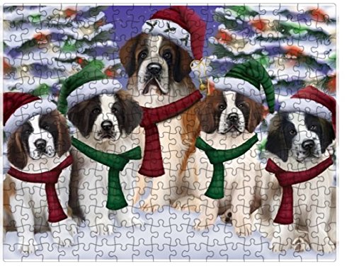 Saint Bernard Dog Christmas Family Portrait in Holiday Scenic Background Puzzle with Photo Tin
