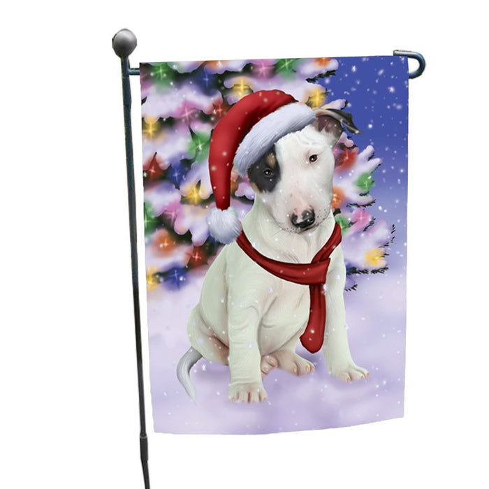 Winterland Wonderland Bull Terrier Puppy Dog In Christmas Holiday Scenic Background Garden Flag