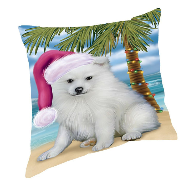 Summertime Christmas Happy Holidays American Eskimo Puppy on Beach Throw Pillow PIL1388