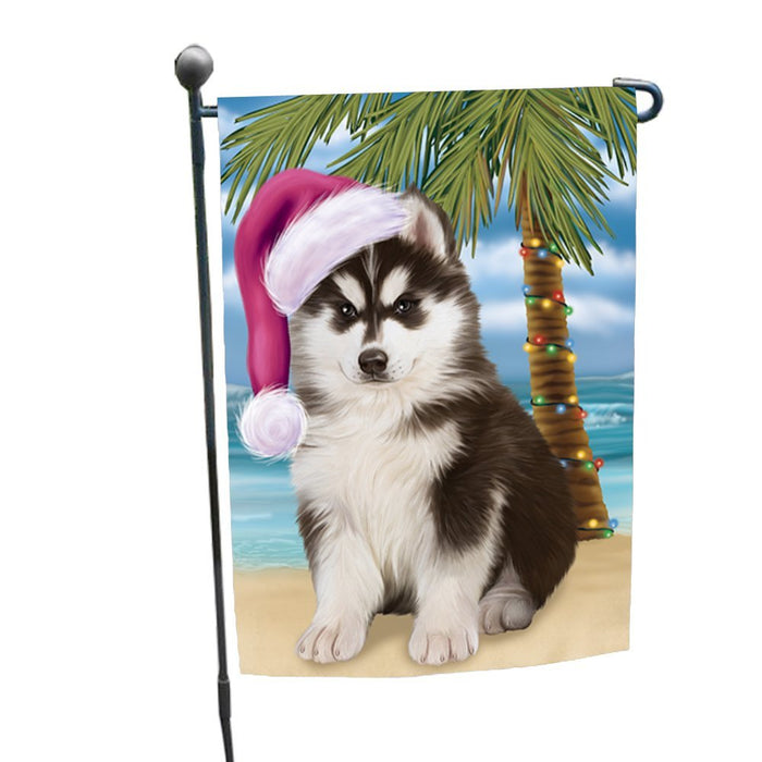 Summertime Happy Holidays Christmas Siberian Husky Dog on Tropical Island Beach Garden Flag