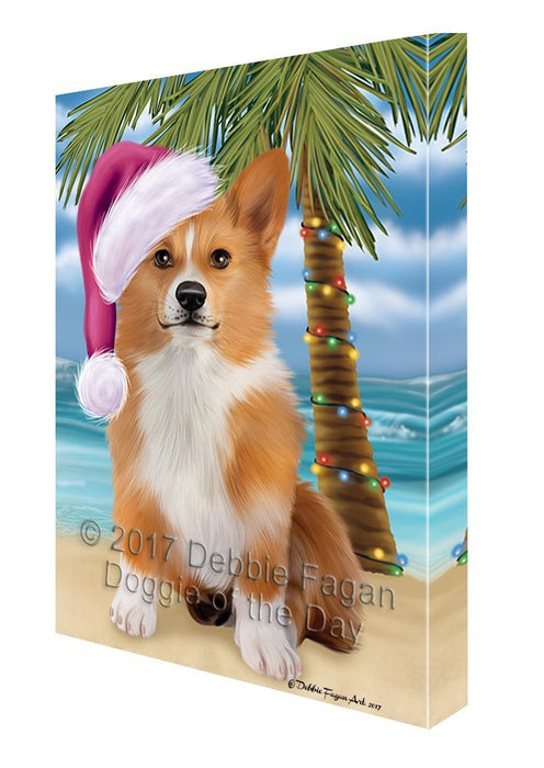 Summertime Happy Holidays Christmas Welsh Corgi Dog on Tropical Island Beach Canvas Wall Art D124