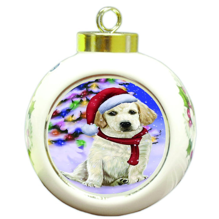 Winterland Wonderland Labrador Dog In Christmas Holiday Scenic Background Round Ball Ornament D576
