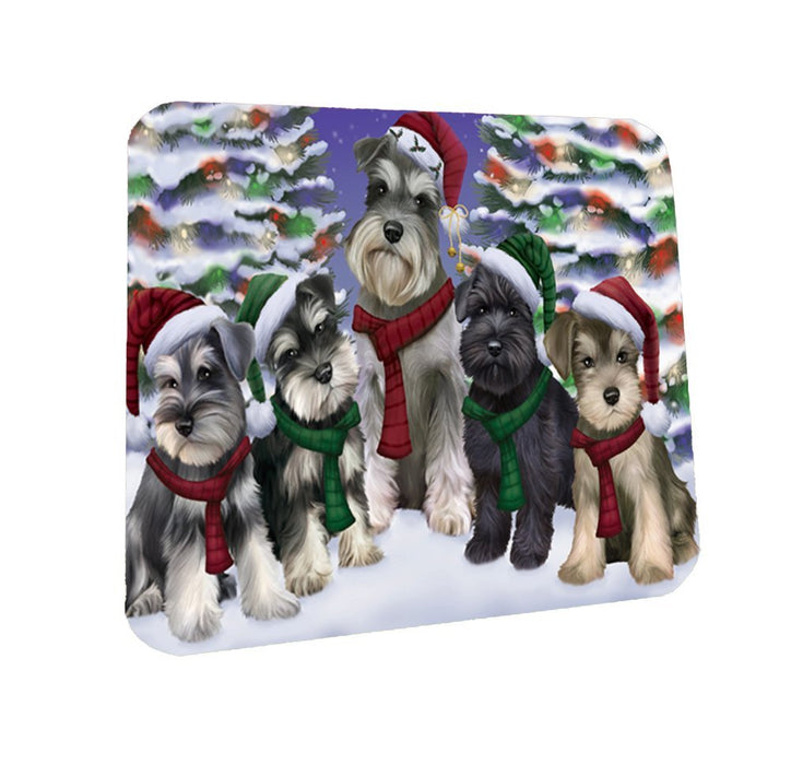 Schnauzers Dog Christmas Family Portrait in Holiday Scenic Background Coasters Set of 4