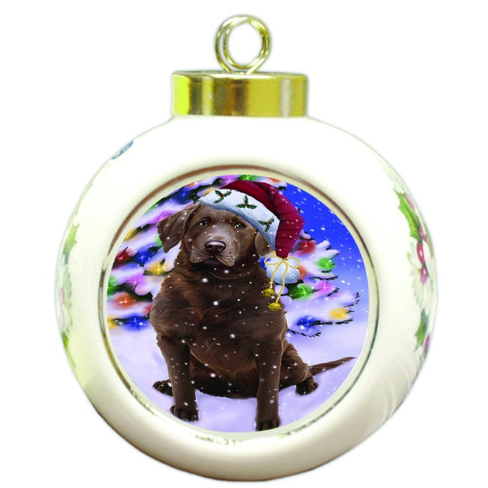 Winterland Wonderland Chesapeake Bay Retriever Dog In Christmas Holiday Scenic Background Round Ball Ornament D525