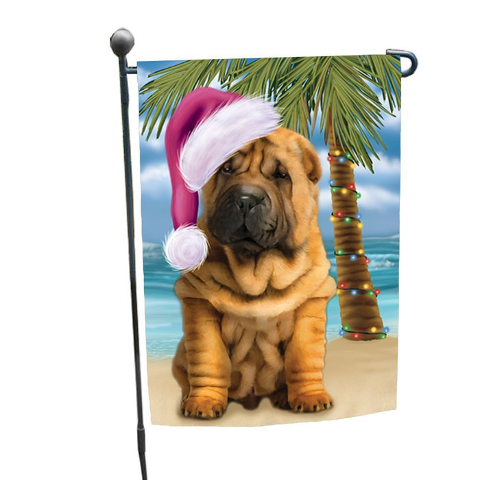Summertime Christmas Happy Holidays Shar Pei Puppy on Beach Garden Flag FLG334