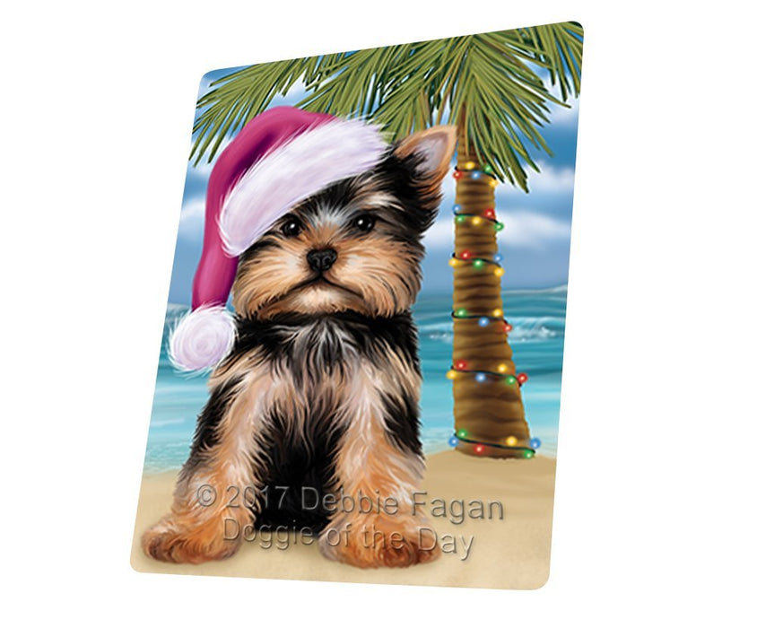Summertime Happy Holidays Christmas Yorkshire Terrier Dog on Tropical Island Beach Tempered Cutting Board D152