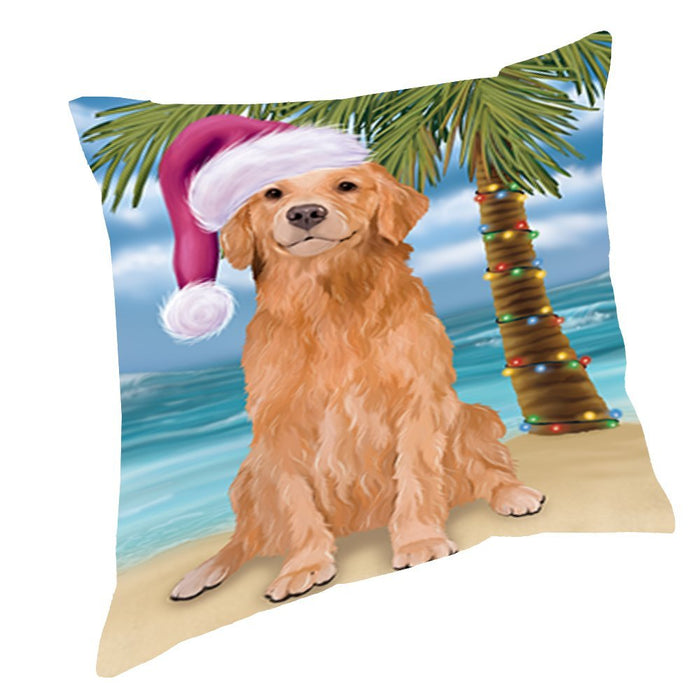 Summertime Christmas Happy Holidays Golden Retriever Dog on Beach Throw Pillow PIL1500