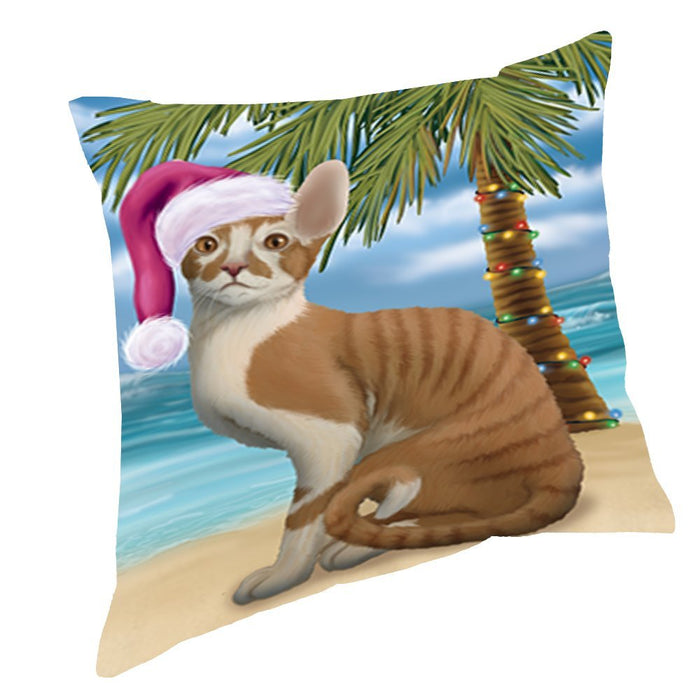 Summertime Christmas Happy Holidays Cornish Rex Cat on Beach Throw Pillow PIL1484