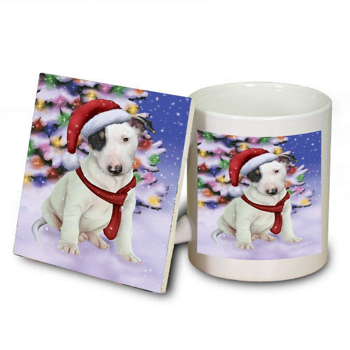 Winterland Wonderland Bull Terrier Puppy Dog In Christmas Holiday Scenic Background Mug and Coaster Set