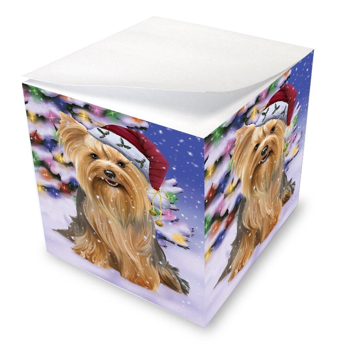 Winterland Wonderland Yorkshire Terriers Dog In Christmas Holiday Scenic Background Note Cube D605