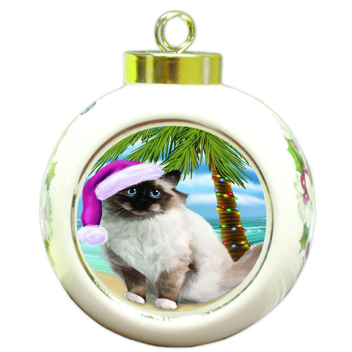 Summertime Happy Holidays Christmas Birman Cat on Tropical Island Beach Round Ball Ornament D499