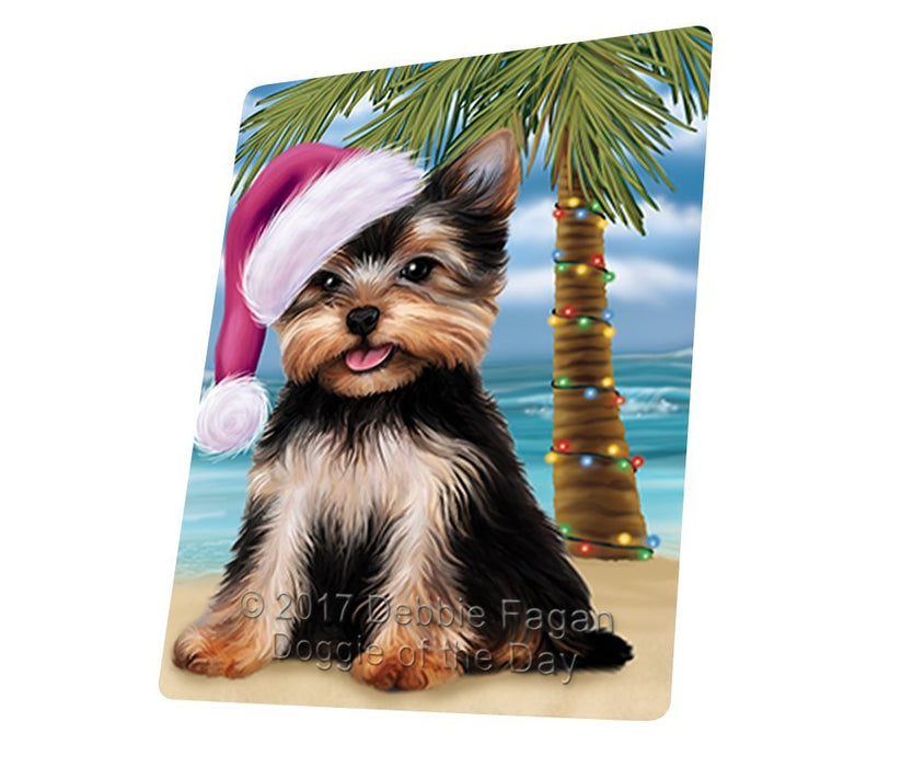 Summertime Happy Holidays Christmas Yorkshire Terrier Dog on Tropical Island Beach Tempered Cutting Board D151
