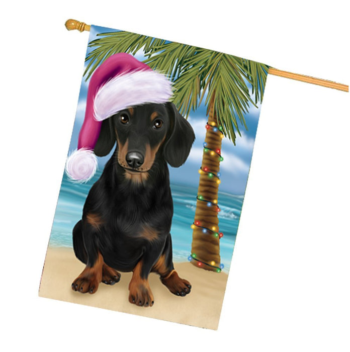 Summertime Christmas Happy Holidays Dachshund Dog on Beach House Flag HFLG329