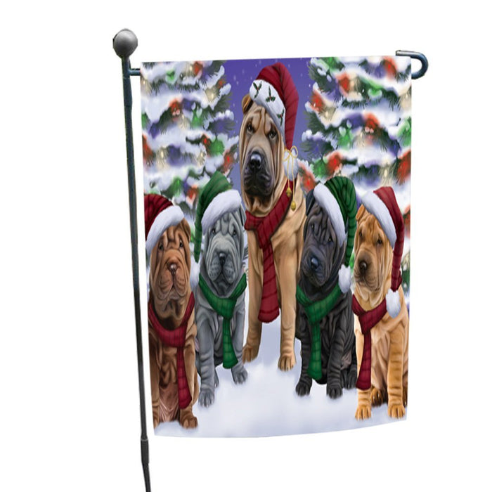 Shar Pei Dog Christmas Family Portrait in Holiday Scenic Background Garden Flag